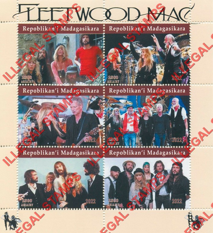 Madagascar 2022 Fleetwood Mac Illegal Stamp Souvenir Sheet of 6 Madagascar 2022 Fleetwood Mac Illegal Stamp Souvenir Sheet of 6