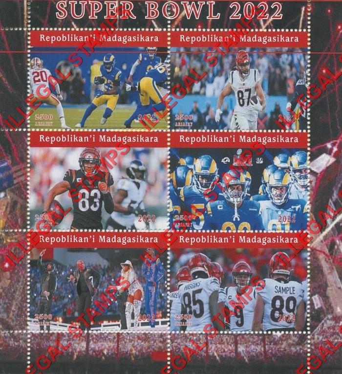 Madagascar 2022 Football Super Bowl Illegal Stamp Souvenir Sheet of 6 Madagascar 2022 Football Super Bowl Illegal Stamp Souvenir Sheet of 6