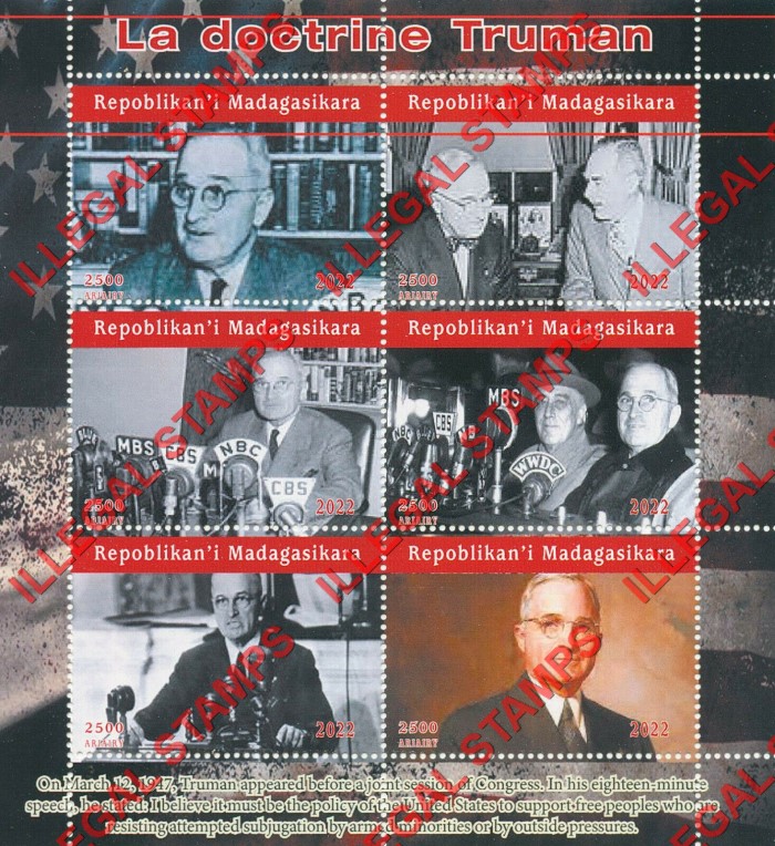 Madagascar 2022 Harry Truman Doctrine Illegal Stamp Souvenir Sheet of 6 Madagascar 2022 Harry Truman Doctrine Illegal Stamp Souvenir Sheet of 6