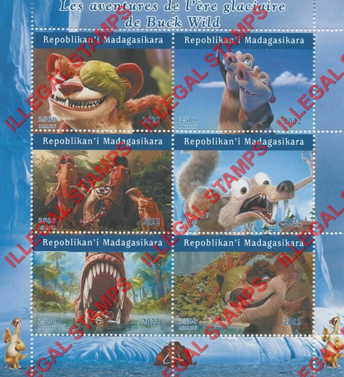 Madagascar 2022 Ice Age Adventures of Buck Wild Cartoon Illegal Stamp Souvenir Sheet of 6 Madagascar 2022 Ice Age Adventures of Buck Wild Cartoon Illegal Stamp Souvenir Sheet of 6
