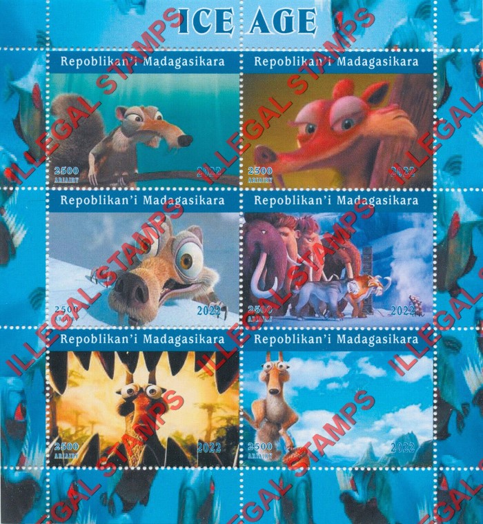Madagascar 2022 Ice Age Adventures of Buck Wild Cartoon (different) Illegal Stamp Souvenir Sheet of 6 Madagascar 2022 Ice Age Adventures of Buck Wild Cartoon (different) Illegal Stamp Souvenir Sheet of 6
