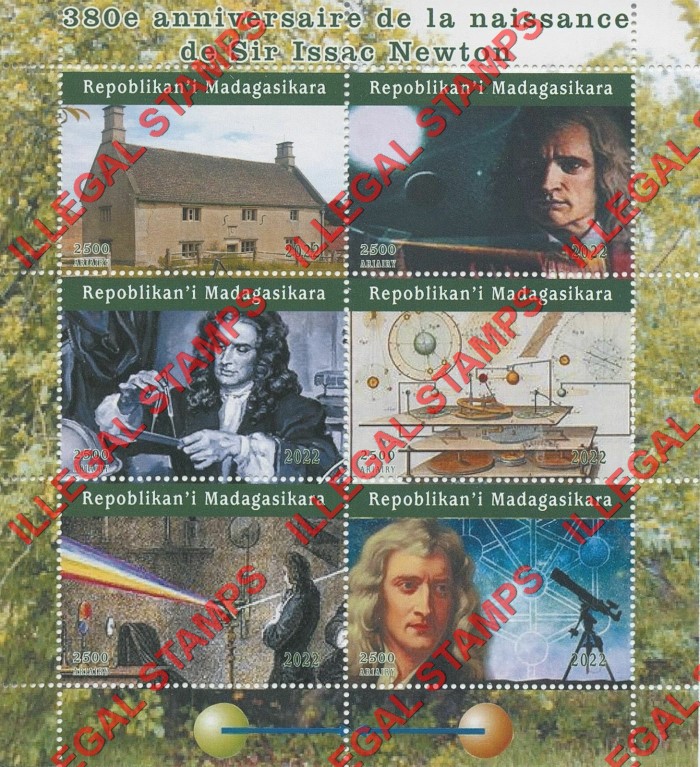 Madagascar 2022 Isaac Newton Illegal Stamp Souvenir Sheet of 6 Madagascar 2022 Isaac Newton Illegal Stamp Souvenir Sheet of 6