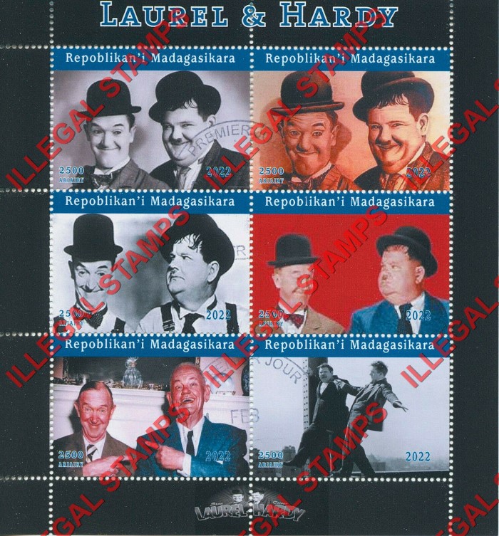 Madagascar 2022 Laurel and Hardy Illegal Stamp Souvenir Sheet of 6 Madagascar 2022 Laurel and Hardy Illegal Stamp Souvenir Sheet of 6