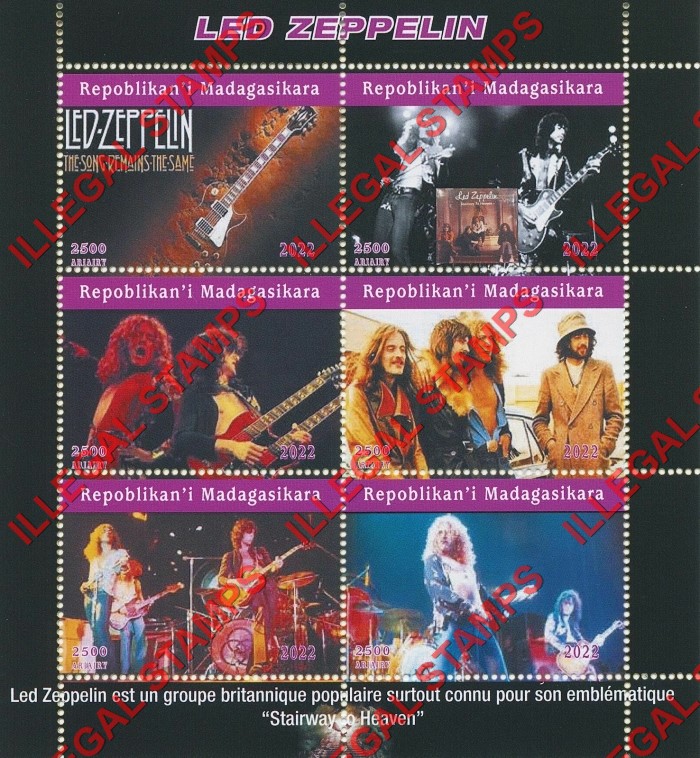 Madagascar 2022 Led Zeppelin Illegal Stamp Souvenir Sheet of 6 Madagascar 2022 Led Zeppelin Illegal Stamp Souvenir Sheet of 6