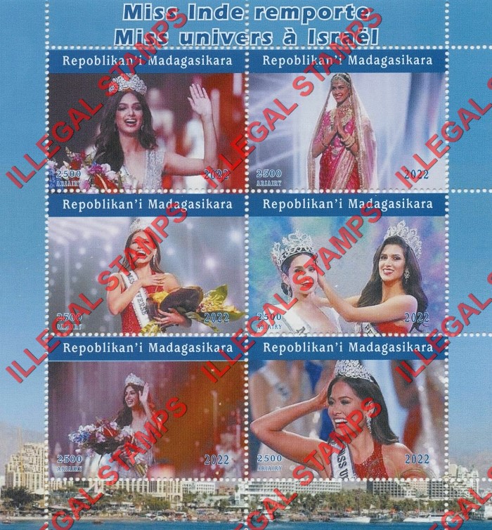Madagascar 2022 Miss Universe Israel Illegal Stamp Souvenir Sheet of 6 Madagascar 2022 Miss Universe Israel Illegal Stamp Souvenir Sheet of 6