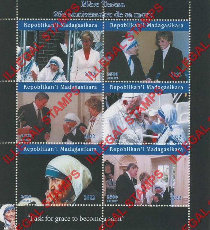 Madagascar 2022 Mother Teresa Illegal Stamp Souvenir Sheet of 6 Madagascar 2022 Mother Teresa Illegal Stamp Souvenir Sheet of 6