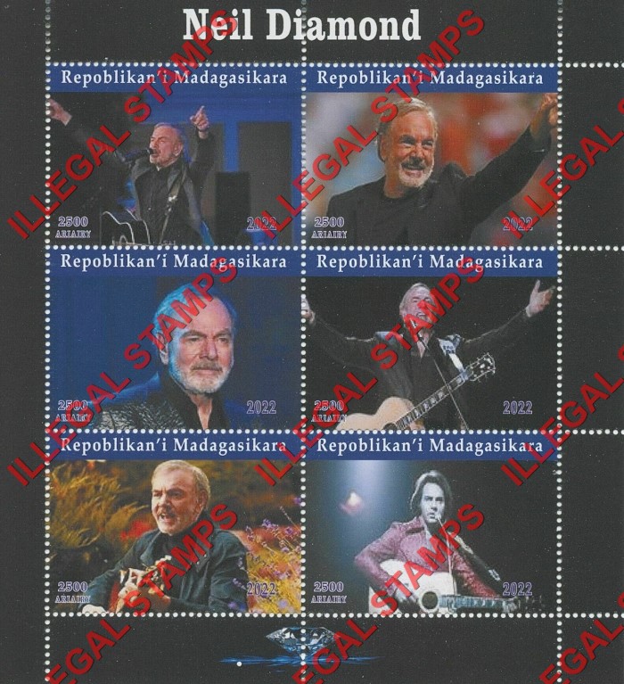 Madagascar 2022 Neil Diamond Illegal Stamp Souvenir Sheet of 6 Madagascar 2022 Neil Diamond Illegal Stamp Souvenir Sheet of 6