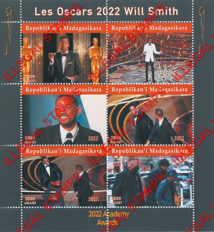 Madagascar 2022 Oscars Will Smith Hand Slap Illegal Stamp Souvenir Sheet of 6 Madagascar 2022 Oscars Will Smith Hand Slap Illegal Stamp Souvenir Sheet of 6
