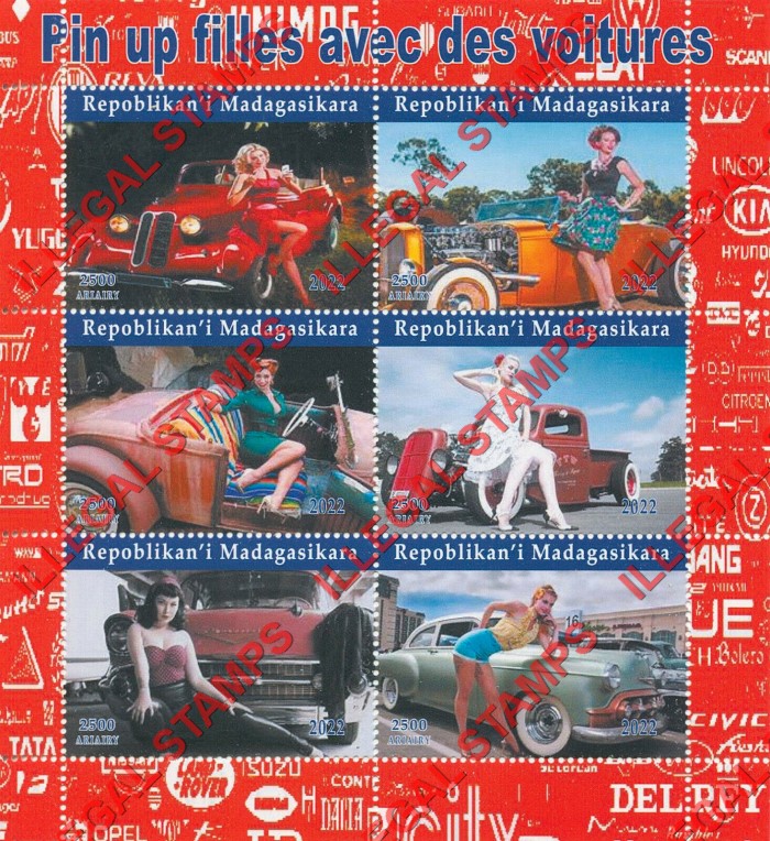 Madagascar 2022 Pin-up Girls and Cars Illegal Stamp Souvenir Sheet of 6 Madagascar 2022 Pin-up Girls and Cars Illegal Stamp Souvenir Sheet of 6