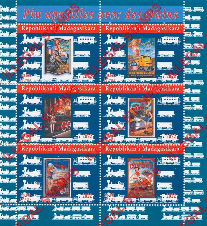 Madagascar 2022 Pin-up Girls and Trains Illegal Stamp Souvenir Sheet of 6 Madagascar 2022 Pin-up Girls and Trains Illegal Stamp Souvenir Sheet of 6