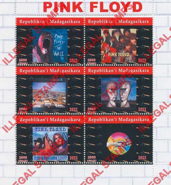 Madagascar 2022 Pink Floyd Album Covers Illegal Stamp Souvenir Sheet of 6 Madagascar 2022 Pink Floyd Album Covers Illegal Stamp Souvenir Sheet of 6