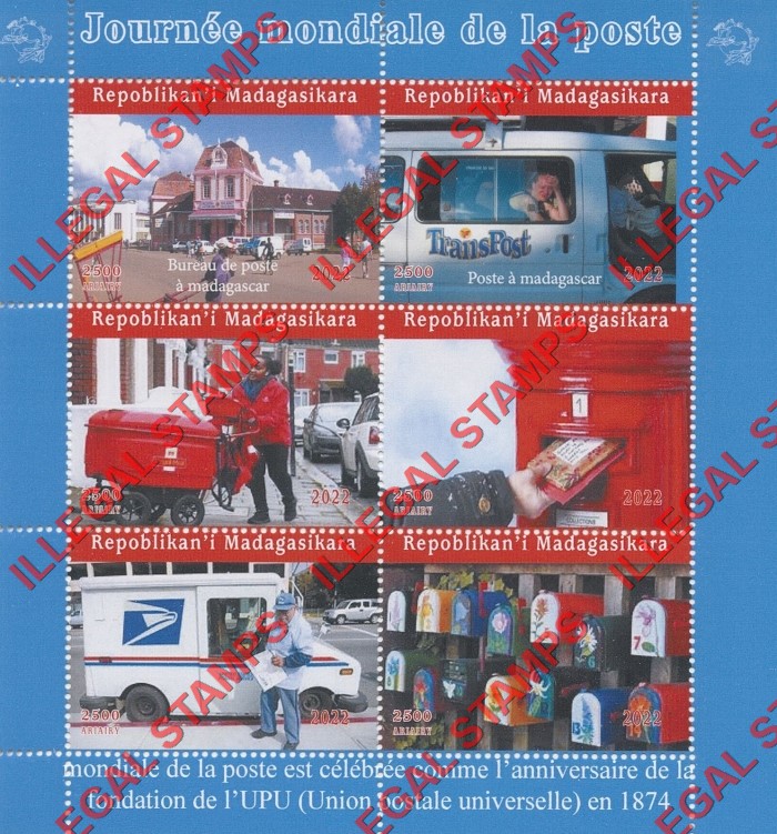 Madagascar 2022 Postal Service UPU Illegal Stamp Souvenir Sheet of 6 Madagascar 2022 Postal Service UPU Illegal Stamp Souvenir Sheet of 6