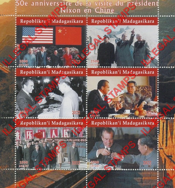 Madagascar 2022 President Nixon Visit to China Illegal Stamp Souvenir Sheet of 6 Madagascar 2022 President Nixon Visit to China Illegal Stamp Souvenir Sheet of 6