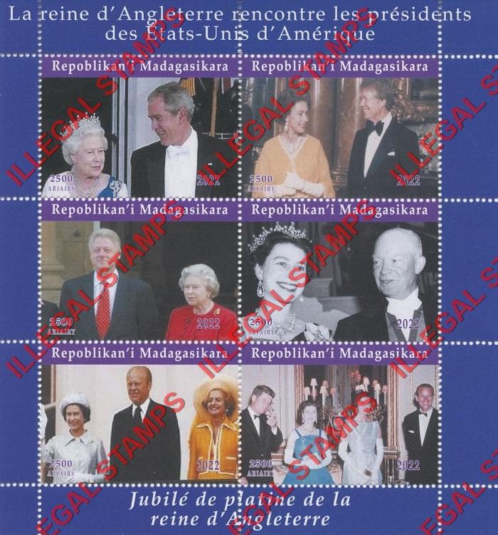 Madagascar 2022 Queen Elizabeth II with Presidents Illegal Stamp Souvenir Sheet of 6 (Sheet 1) Madagascar 2022 Queen Elizabeth II with Presidents Illegal Stamp Souvenir Sheet of 6 (Sheet 1)