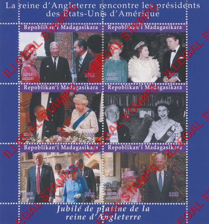 Madagascar 2022 Queen Elizabeth II with Presidents Illegal Stamp Souvenir Sheet of 6 (Sheet 2) Madagascar 2022 Queen Elizabeth II with Presidents Illegal Stamp Souvenir Sheet of 6 (Sheet 2)