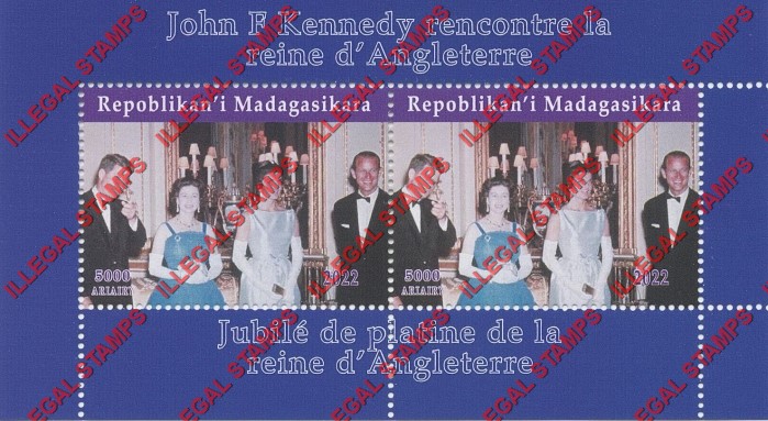 Madagascar 2022 Queen Elizabeth II with Presidents Illegal Stamp Souvenir Sheet of 2 (Sheet 1) Madagascar 2022 Queen Elizabeth II with Presidents Illegal Stamp Souvenir Sheet of 2 (Sheet 1)