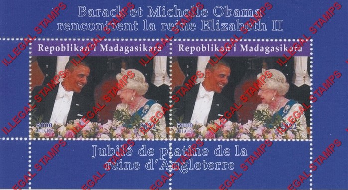 Madagascar 2022 Queen Elizabeth II with Presidents Illegal Stamp Souvenir Sheet of 2 (Sheet 2) Madagascar 2022 Queen Elizabeth II with Presidents Illegal Stamp Souvenir Sheet of 2 (Sheet 2)