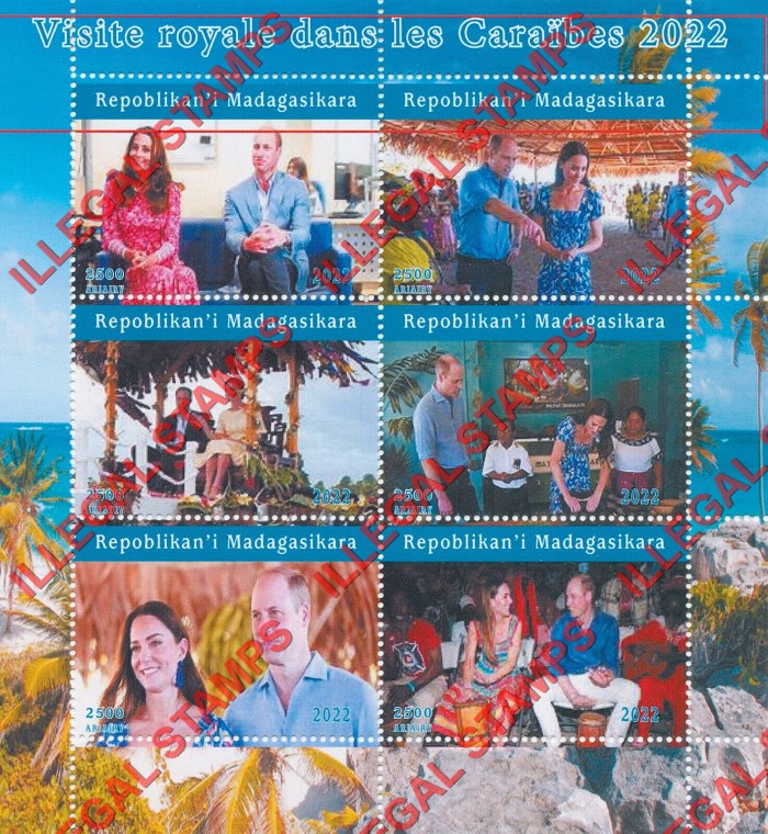 Madagascar 2022 Royal Visits in the Caribbean William and Kate Illegal Stamp Souvenir Sheet of 6 Madagascar 2022 Royal Visits in the Caribbean William and Kate Illegal Stamp Souvenir Sheet of 6