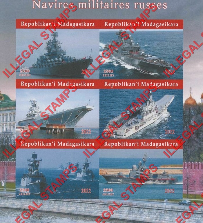 Madagascar 2022 Russian Military Ships Illegal Stamp Souvenir Sheet of 6 Madagascar 2022 Russian Military Ships Illegal Stamp Souvenir Sheet of 6