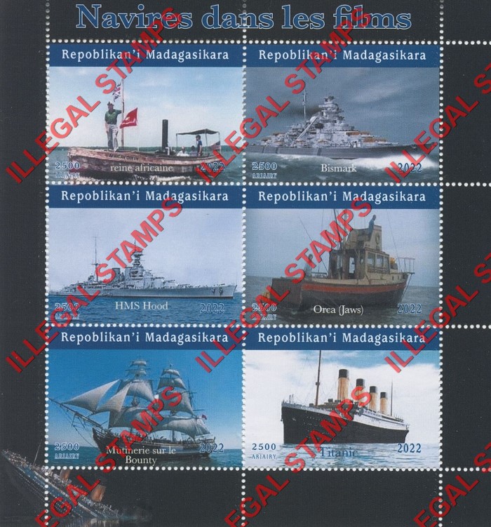 Madagascar 2022 Ships in Movies Illegal Stamp Souvenir Sheet of 6 Madagascar 2022 Ships in Movies Illegal Stamp Souvenir Sheet of 6