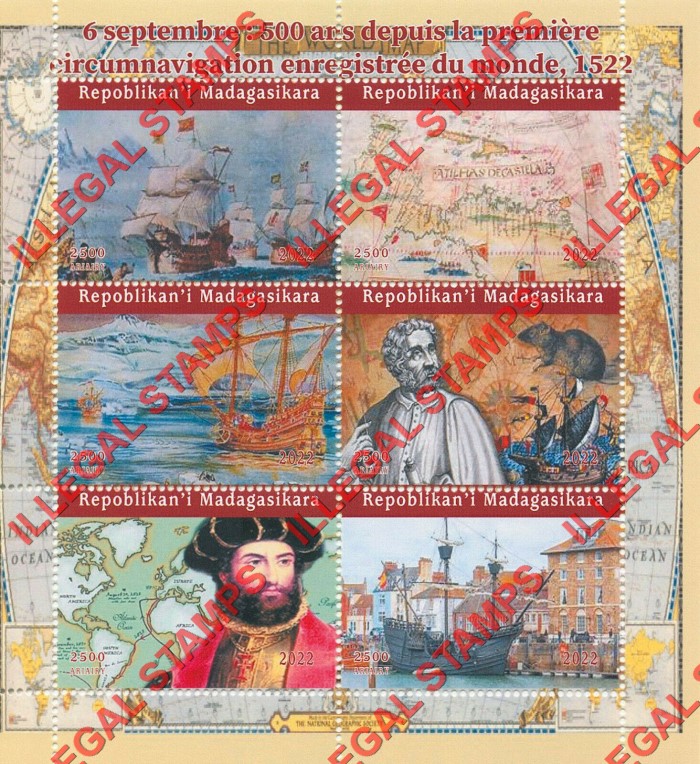 Madagascar 2022 Ships Navigation Magellan Illegal Stamp Souvenir Sheet of 6 Madagascar 2022 Ships Navigation Magellan Illegal Stamp Souvenir Sheet of 6