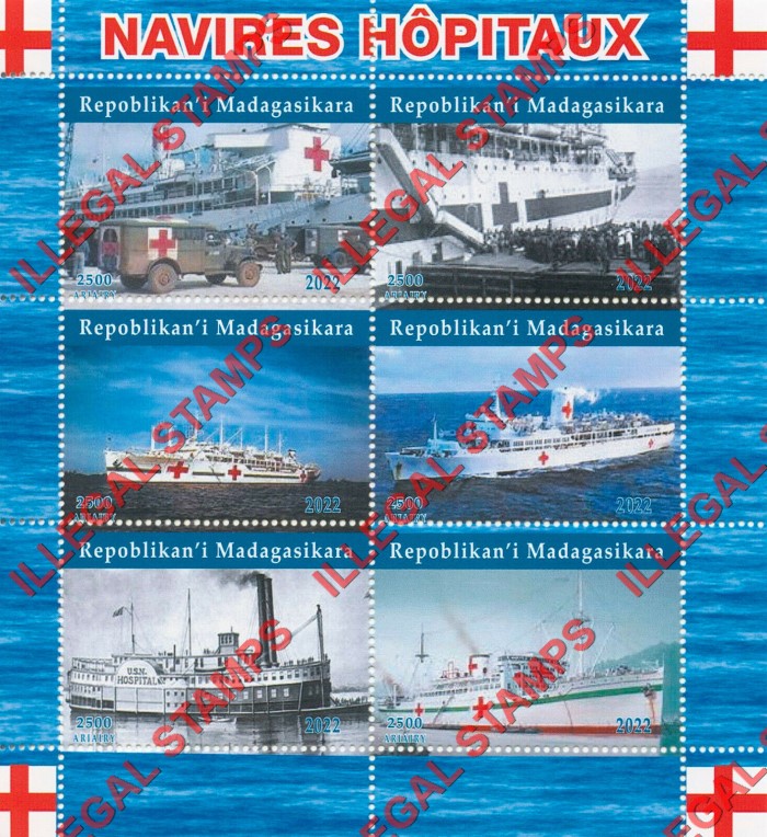 Madagascar 2022 Ships Red Cross Hospital Illegal Stamp Souvenir Sheet of 6 Madagascar 2022 Ships Red Cross Hospital Illegal Stamp Souvenir Sheet of 6