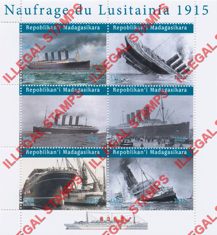 Madagascar 2022 Ships Sinking of Lusitainia 1915 Illegal Stamp Souvenir Sheet of 6 Madagascar 2022 Ships Sinking of Lusitainia 1915 Illegal Stamp Souvenir Sheet of 6
