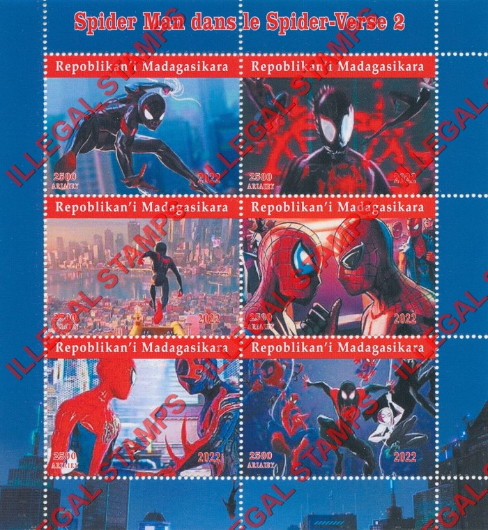 Madagascar 2022 Spider Man Spider-Verse 2 Illegal Stamp Souvenir Sheet of 6 Madagascar 2022 Spider Man Spider-Verse 2 Illegal Stamp Souvenir Sheet of 6