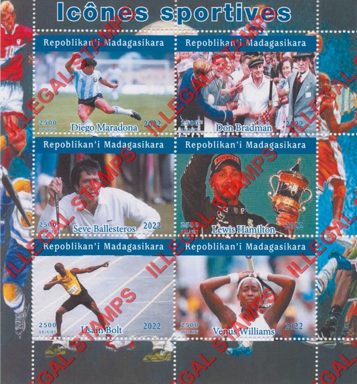 Madagascar 2022 Sports Icons Illegal Stamp Souvenir Sheet of 6 (Sheet 1) Madagascar 2022 Sports Icons Illegal Stamp Souvenir Sheet of 6 (Sheet 1)