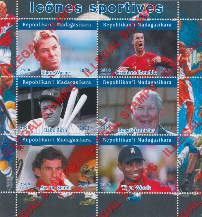 Madagascar 2022 Sports Icons Illegal Stamp Souvenir Sheet of 6 (Sheet 2) Madagascar 2022 Sports Icons Illegal Stamp Souvenir Sheet of 6 (Sheet 2)