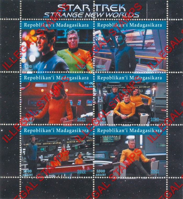 Madagascar 2022 Star Trek Strange New Worlds Illegal Stamp Souvenir Sheet of 6 Madagascar 2022 Star Trek Strange New Worlds Illegal Stamp Souvenir Sheet of 6