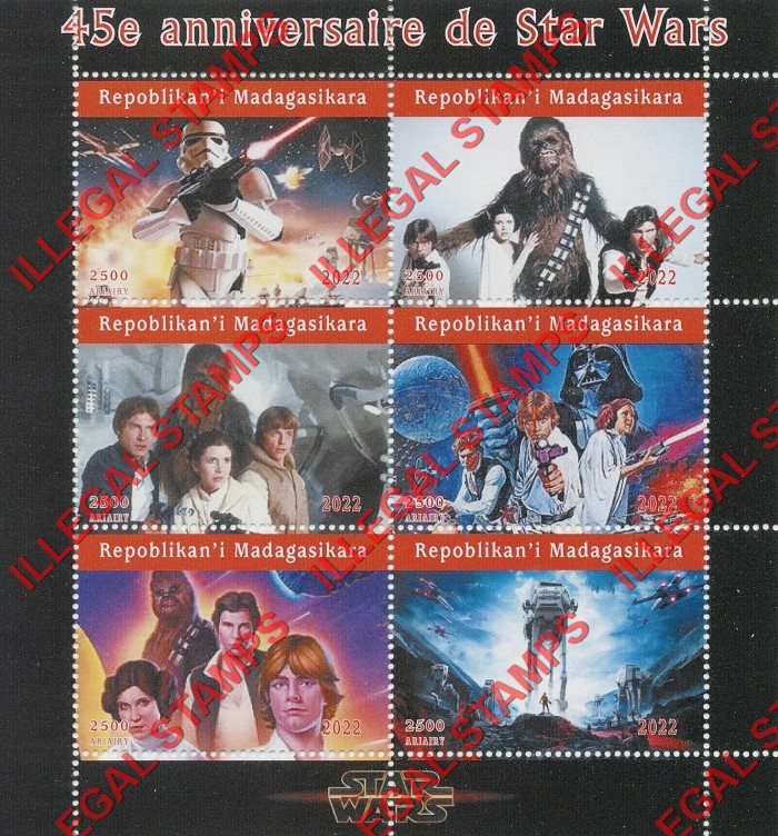 Madagascar 2022 Star Wars 45th Anniversary Illegal Stamp Souvenir Sheet of 6 Madagascar 2022 Star Wars 45th Anniversary Illegal Stamp Souvenir Sheet of 6