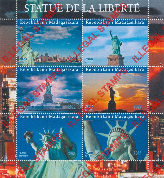 Madagascar 2022 Statue of Liberty Illegal Stamp Souvenir Sheet of 6 Madagascar 2022 Statue of Liberty Illegal Stamp Souvenir Sheet of 6