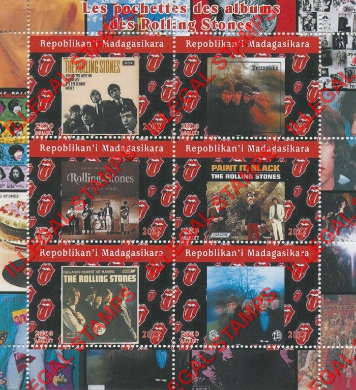 Madagascar 2022 The Rolling Stones Album Covers Illegal Stamp Souvenir Sheet of 6 Madagascar 2022 The Rolling Stones Album Covers Illegal Stamp Souvenir Sheet of 6