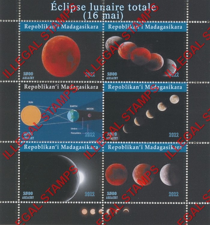 Madagascar 2022 Total Lunar Eclipse Illegal Stamp Souvenir Sheet of 6 Madagascar 2022 Total Lunar Eclipse Illegal Stamp Souvenir Sheet of 6