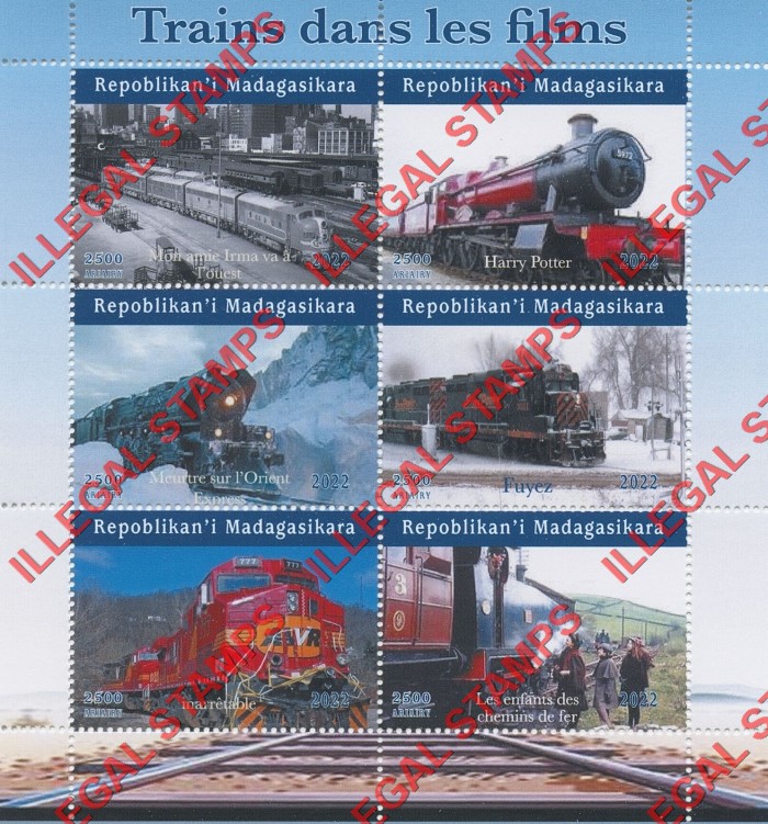 Madagascar 2022 Trains in Movies Illegal Stamp Souvenir Sheet of 6 Madagascar 2022 Trains in Movies Illegal Stamp Souvenir Sheet of 6