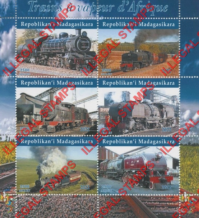 Madagascar 2022 Trains Steam Locomotives Illegal Stamp Souvenir Sheet of 6 Madagascar 2022 Trains Steam Locomotives Illegal Stamp Souvenir Sheet of 6