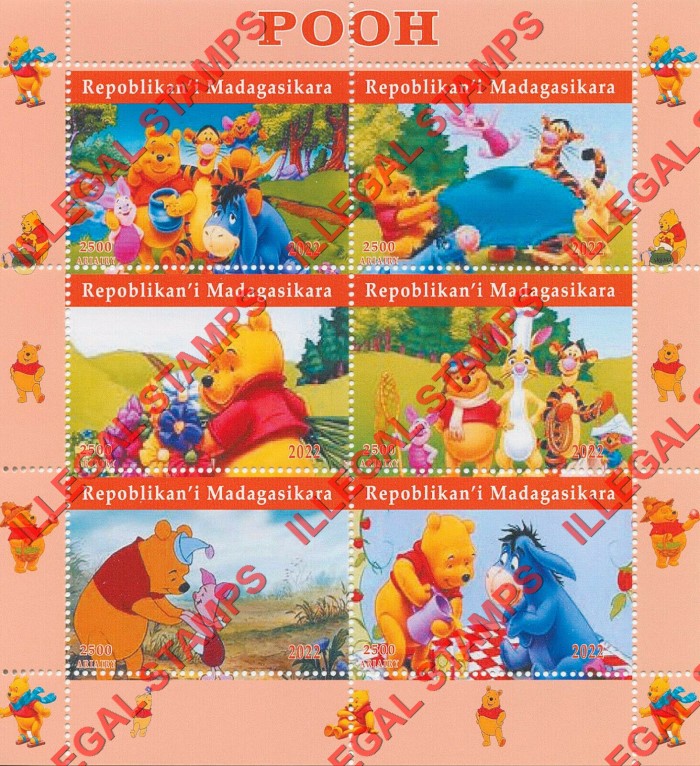 Madagascar 2022 Winnie the Pooh Illegal Stamp Souvenir Sheet of 6 Madagascar 2022 Winnie the Pooh Illegal Stamp Souvenir Sheet of 6