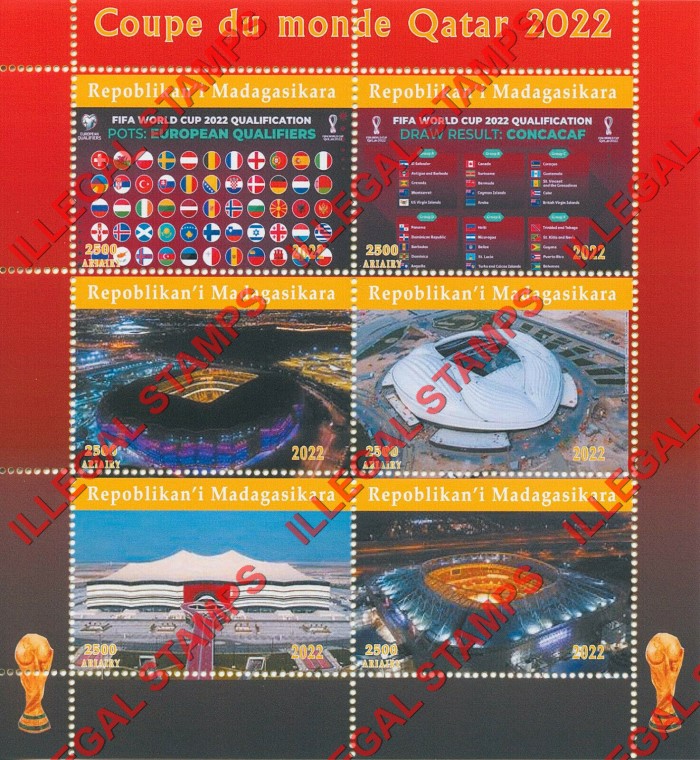 Madagascar 2022 World Cup Soccer Football in Qatar Stadiums Illegal Stamp Souvenir Sheet of 6 Madagascar 2022 World Cup Soccer Football in Qatar Stadiums Illegal Stamp Souvenir Sheet of 6