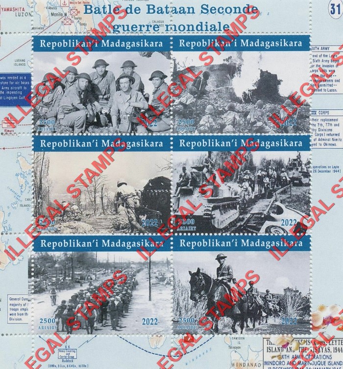 Madagascar 2022 World War II Battle of Bataan Illegal Stamp Souvenir Sheet of 6 Madagascar 2022 World War II Battle of Bataan Illegal Stamp Souvenir Sheet of 6