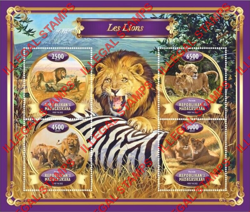 Madagascar 2022 Lions Illegal Stamp Souvenir Sheet of 4 Madagascar 2022 Lions Illegal Stamp Souvenir Sheet of 4
