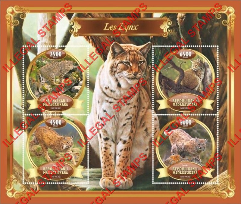 Madagascar 2022 Lynx Illegal Stamp Souvenir Sheet of 4 Madagascar 2022 Lynx Illegal Stamp Souvenir Sheet of 4