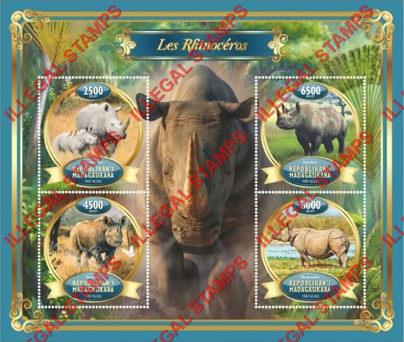 Madagascar 2022 Rhinoceros Illegal Stamp Souvenir Sheet of 4 Madagascar 2022 Rhinoceros Illegal Stamp Souvenir Sheet of 4