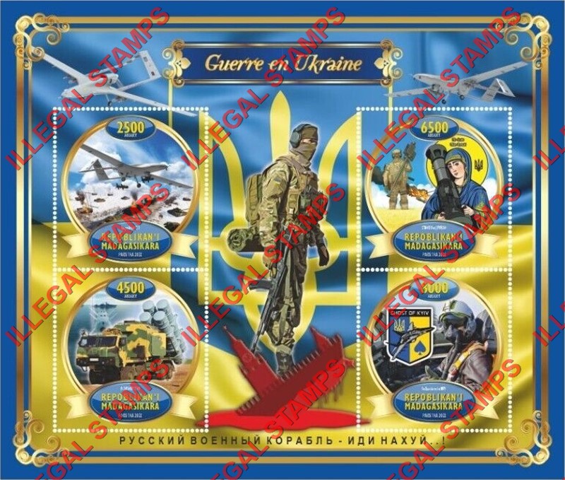 Madagascar 2022 War in Ukraine Volodymyr Zelenskyy Illegal Stamp Souvenir Sheet of 4 Madagascar 2022 War in Ukraine Volodymyr Zelenskyy Illegal Stamp Souvenir Sheet of 4