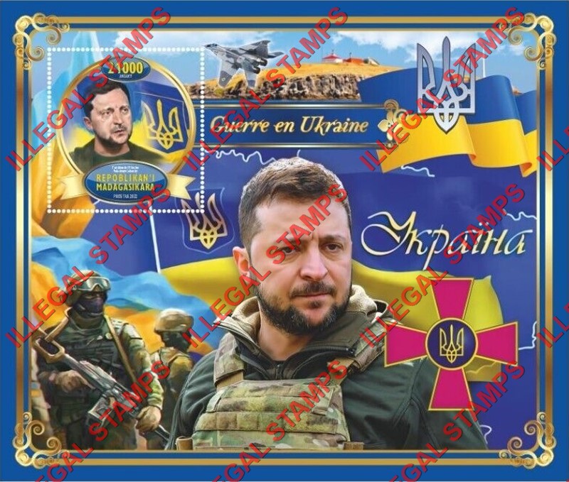 Madagascar 2022 War in Ukraine Volodymyr Zelenskyy Illegal Stamp Souvenir Sheet of 1 Madagascar 2022 War in Ukraine Volodymyr Zelenskyy Illegal Stamp Souvenir Sheet of 1