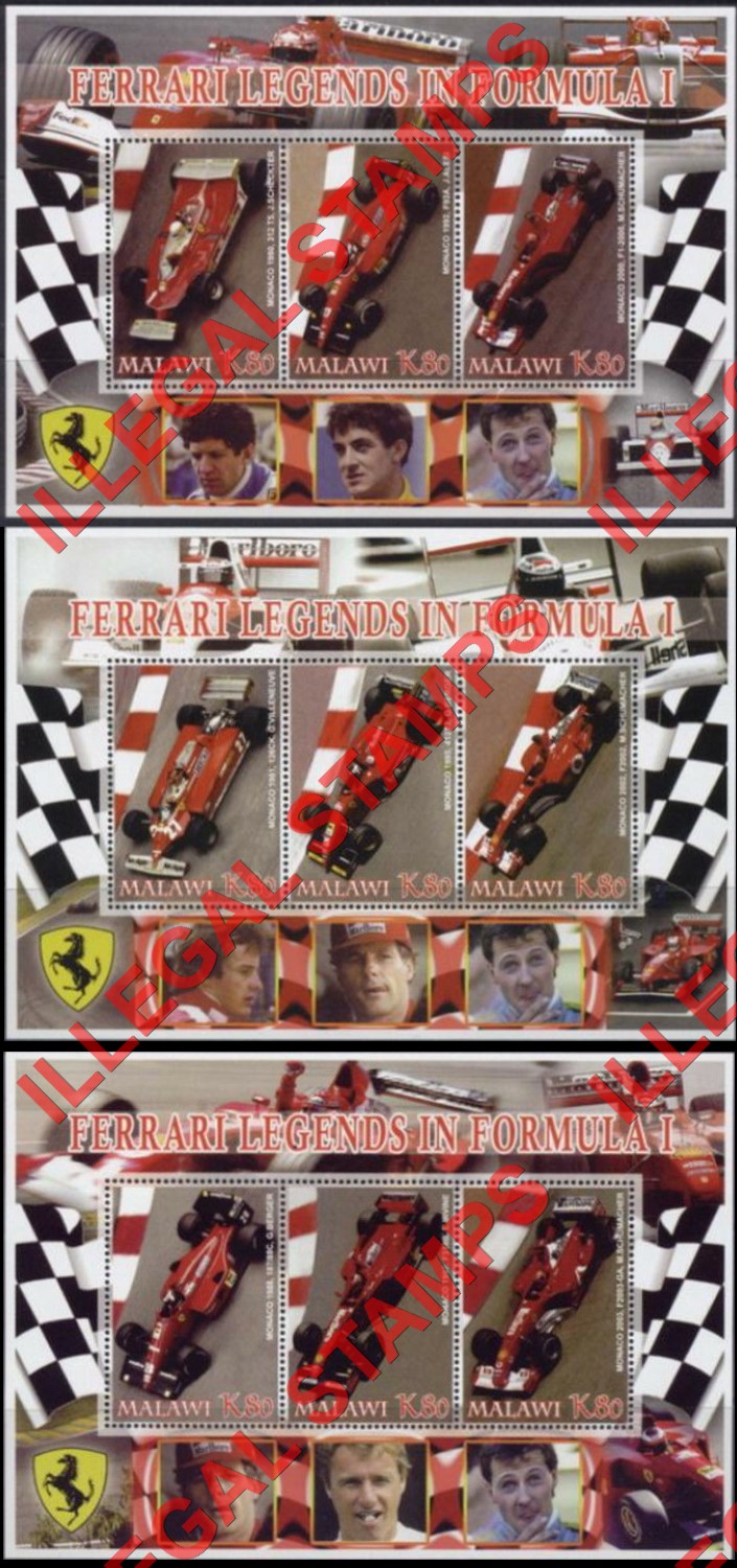 Malawi 2005 Ferrari Formula I Illegal Stamp Souvenir Sheets of 3