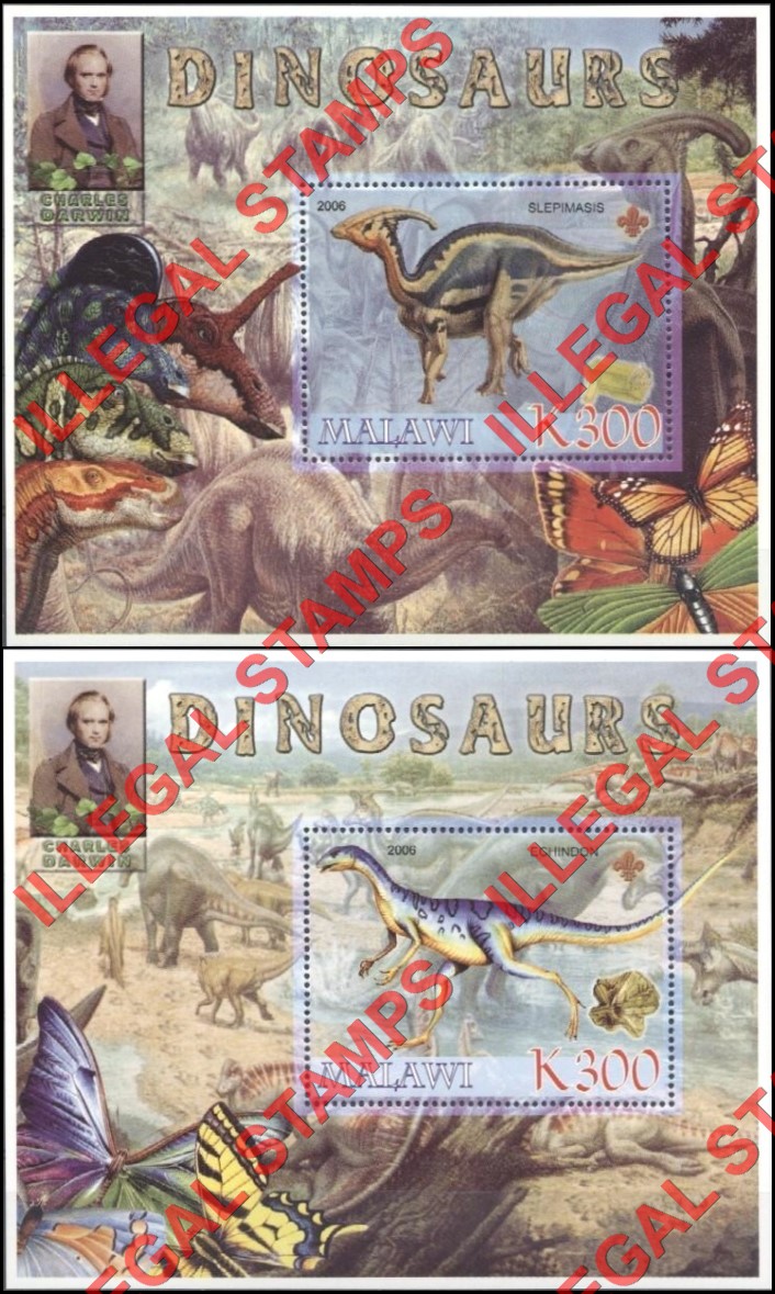 Malawi 2006 Dinosaurs Illegal Stamp Souvenir Sheets of 1 Malawi 2006 Dinosaurs Illegal Stamp Souvenir Sheets of 1