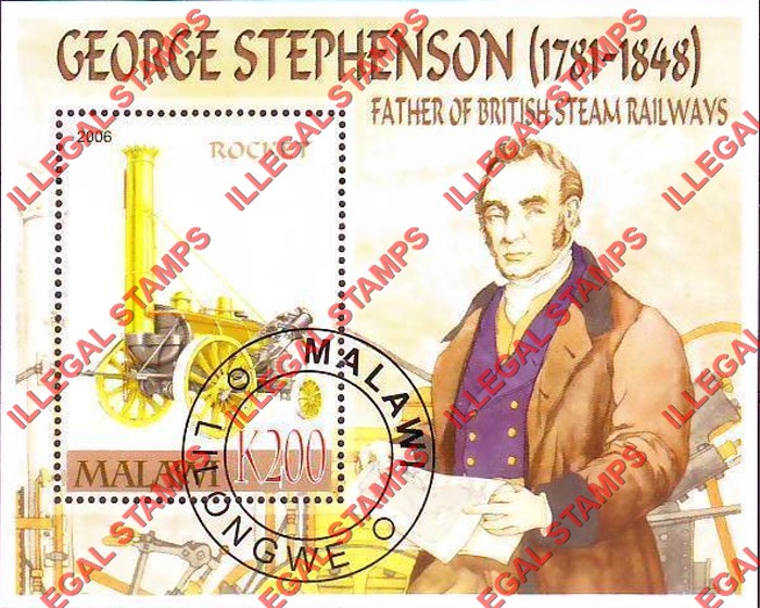 Malawi 2006 George Stephenson British Steam Railways Illegal Stamp Souvenir Sheet of 1 Malawi 2006 George Stephenson British Steam Railways Illegal Stamp Souvenir Sheet of 1