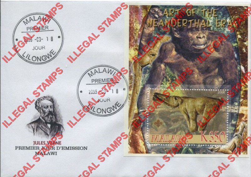 Malawi 2006 Neanderthal Man Illegal Stamp Souvenir Sheet of 1 on Fake First Day Cover Malawi 2006 Neanderthal Man Illegal Stamp Souvenir Sheet of 1 on Fake First Day Cover