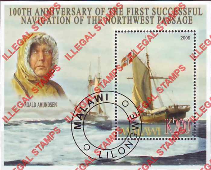 Malawi 2006 Northwest Passage Roald Amundsen Illegal Stamp Souvenir Sheet of 1 Malawi 2006 Northwest Passage Roald Amundsen Illegal Stamp Souvenir Sheet of 1